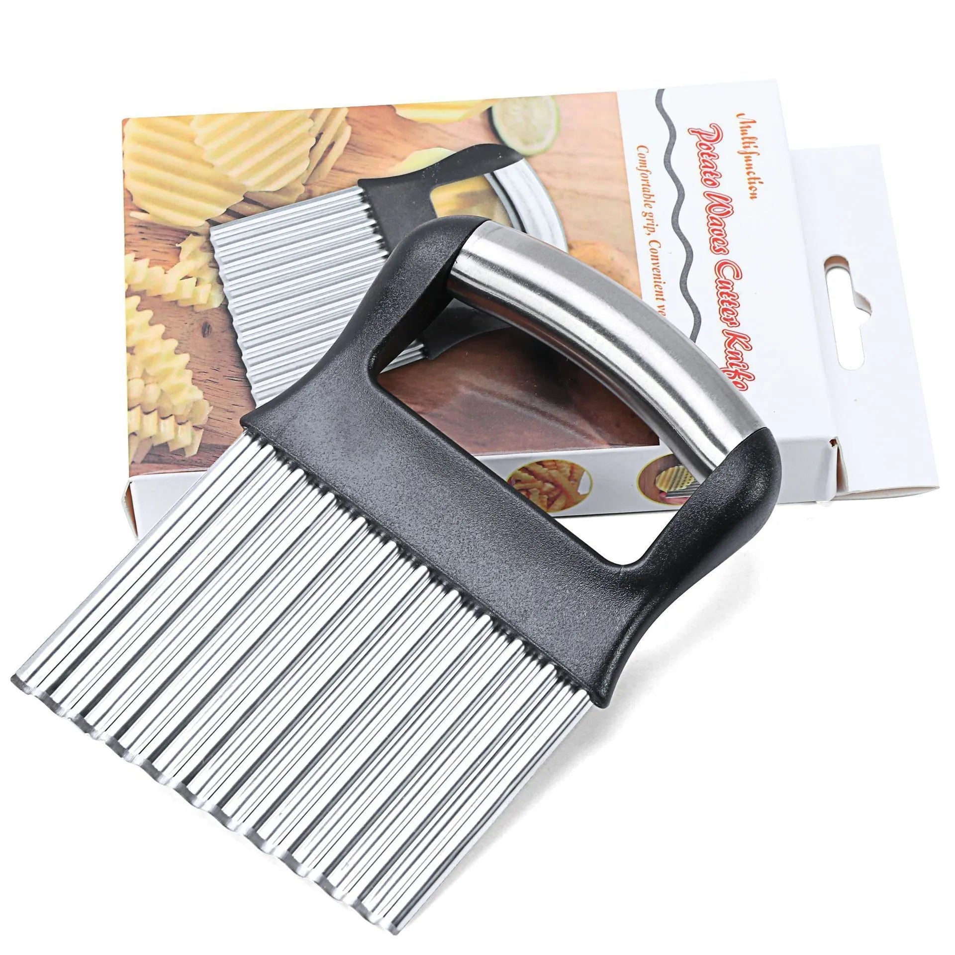 Stainless steel potato wave knife for making crinkle-cut chips on a kitchen worktop.