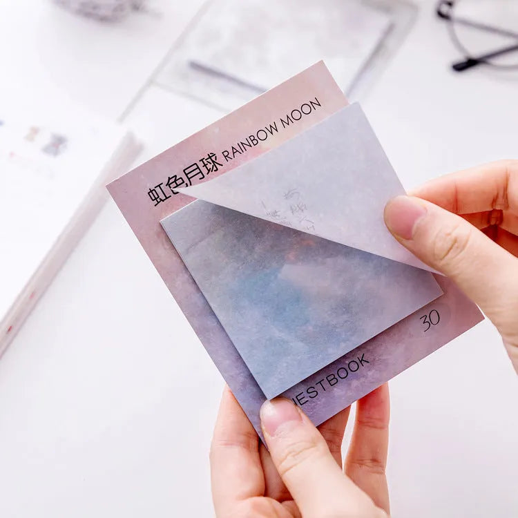 Square planet-themed sticky note pad showing oil painting designs of Earth and other planets, 7.3cm in size.