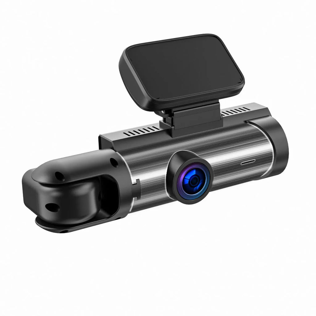 Dual-lens driving recorder with 3.5-inch screen showing front and interior recording