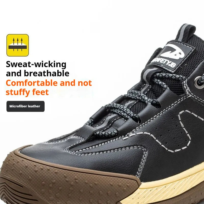 A pair of Flyknit safety work shoes with a leather upper and rubber sole, shown in a neutral colour.