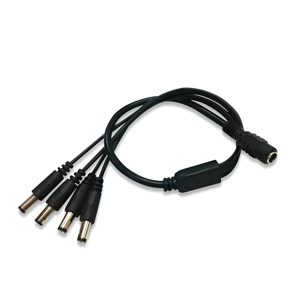Black 12V monitoring power cord with DC one-in-four interface for security cameras, 0.39m length with 5.5mm connectors