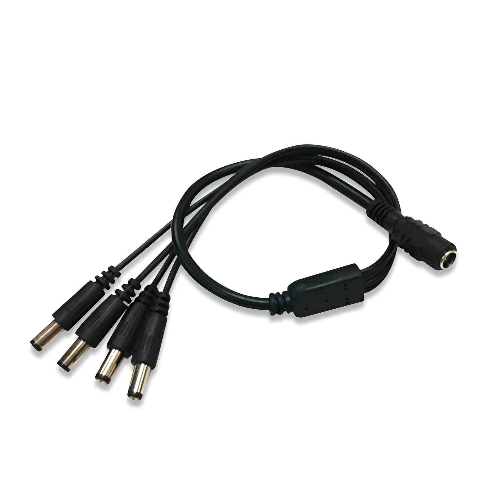 Black 12V monitoring power cord with DC one-in-four interface for security cameras, 0.39m length with 5.5mm connectors