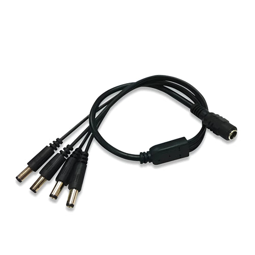 Black 12V monitoring power cord with DC one-in-four interface for security cameras, 0.39m length with 5.5mm connectors