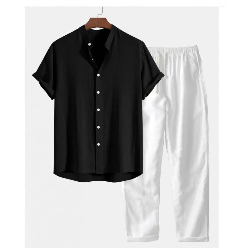 Men's casual short sleeve shirt and trousers set in polyester linen fabric with loose fit