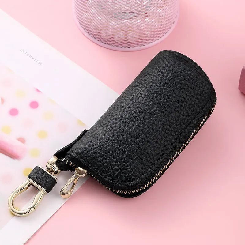 Black waterproof pu leather men's zipper key ring wallet organiser case