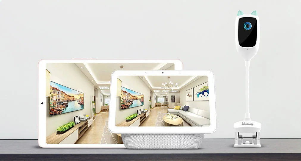 White smart baby monitor with 1080p HD night vision and 150 degree wide angle lens on a shelf