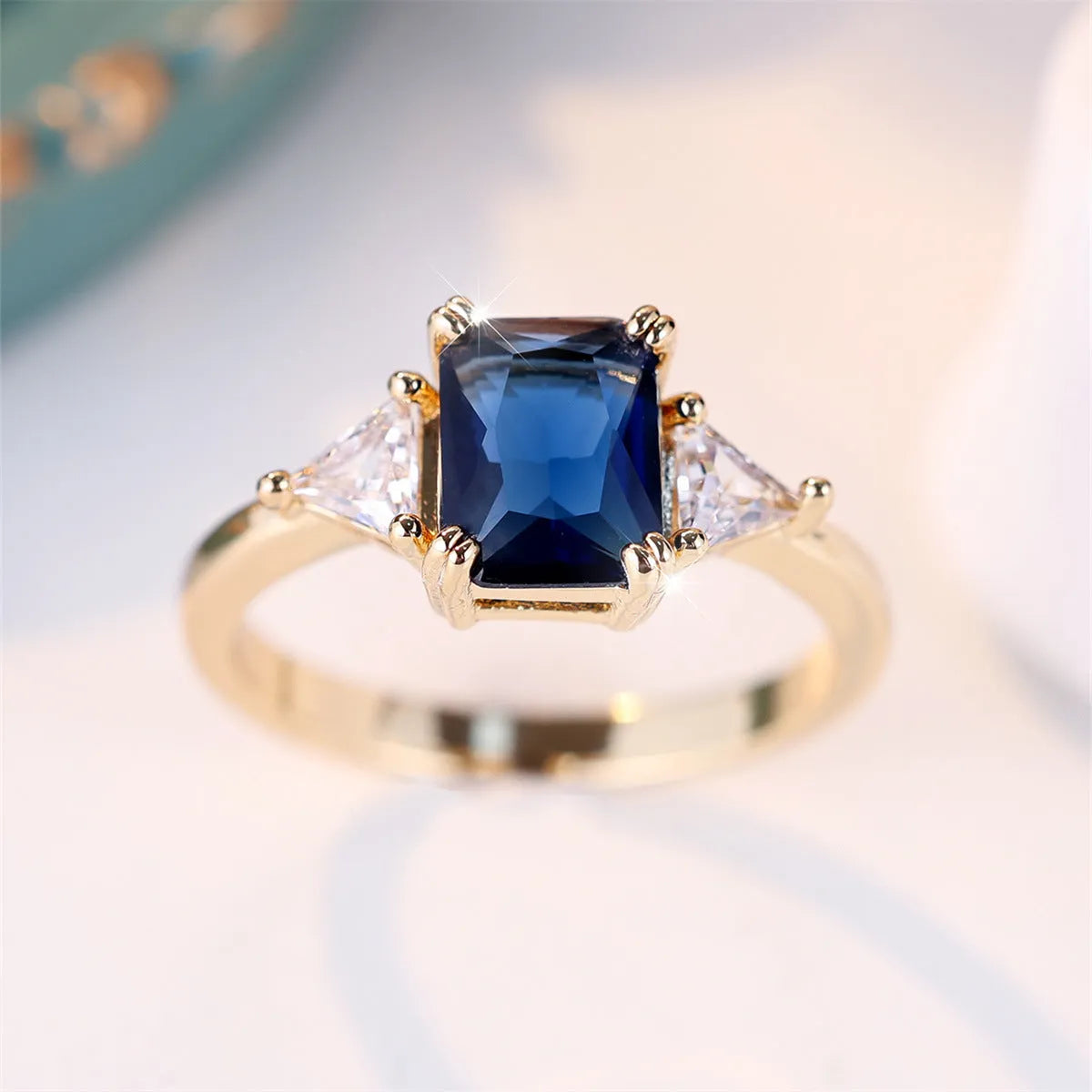 Rectangular copper ring with gold sapphire blue finish for women