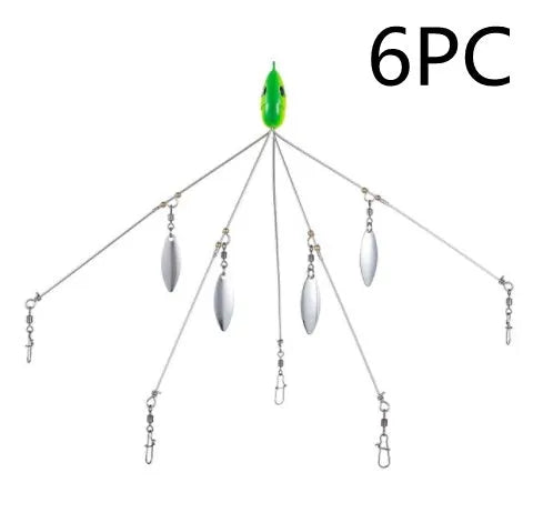 Bassdash umbrella fishing lure rig with 5 swivels and rotating metal sequins in green colour