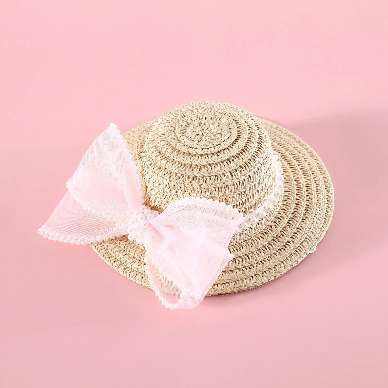 Princess-style woven cat hat with pearl butterfly bow in blue, pink, purple, or white on Lafite leaves.