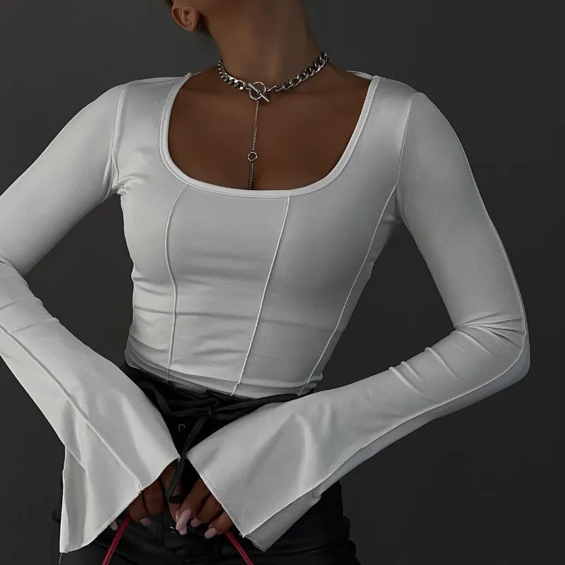 Square-neck fitted long-sleeve knit top in white with 3D pattern and flared sleeves