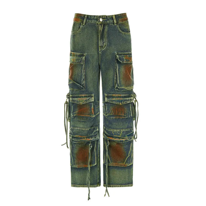Retro gradient colour cargo denim trousers with multiple pockets and loose fit street style
