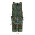 Retro gradient colour cargo denim trousers with multiple pockets and loose fit street style