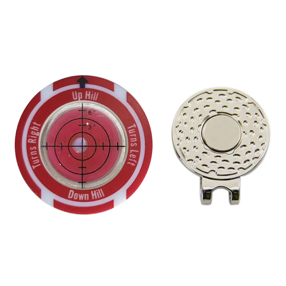 Golf level hat clip measurement tool with green level face and position marks in six colour options