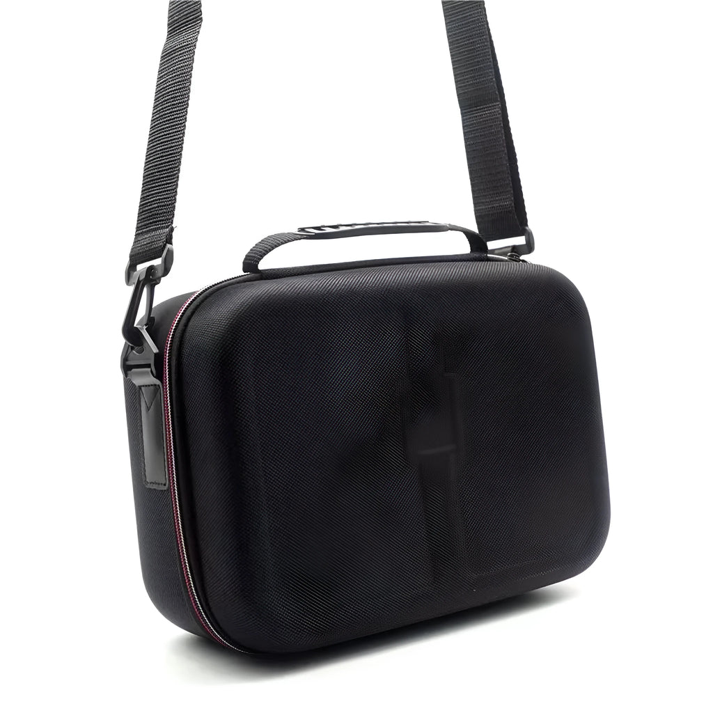 Black EVA game console accessory storage bag showing dimensions for organising controllers and cables.