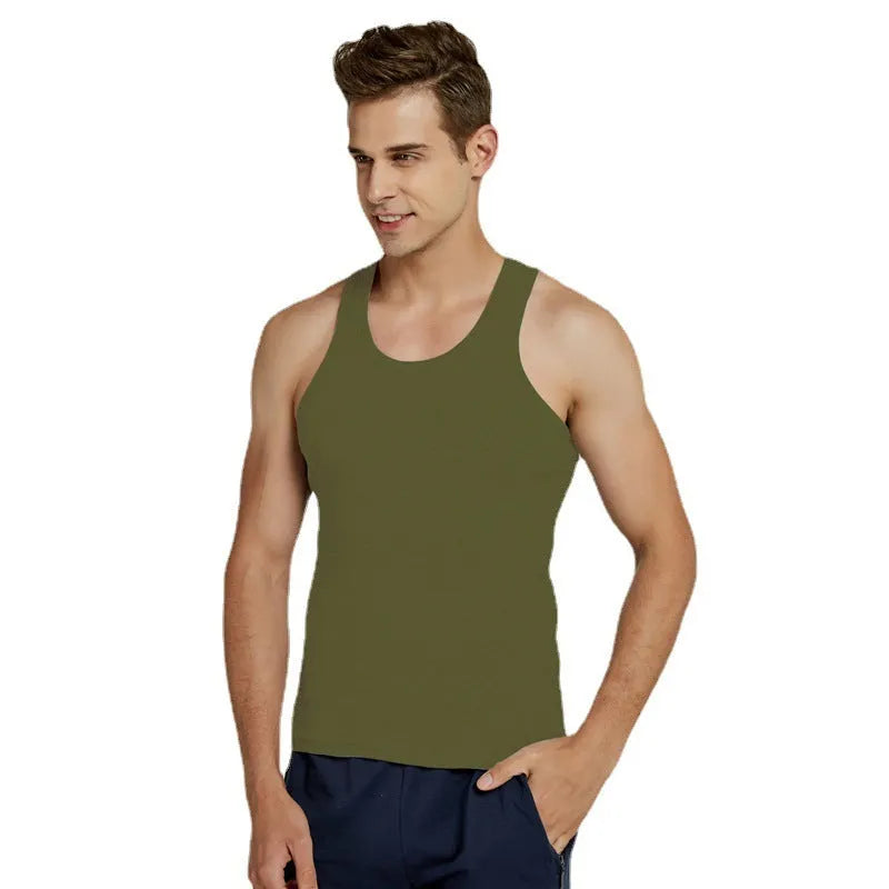Men's pure cotton slim fit sports vest in white, front view, with stretch fabric for breathable underwear