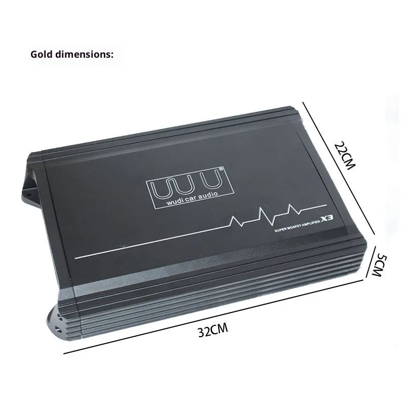 X3 car audio four-way amplifier with aluminium alloy casing and heatsink fins