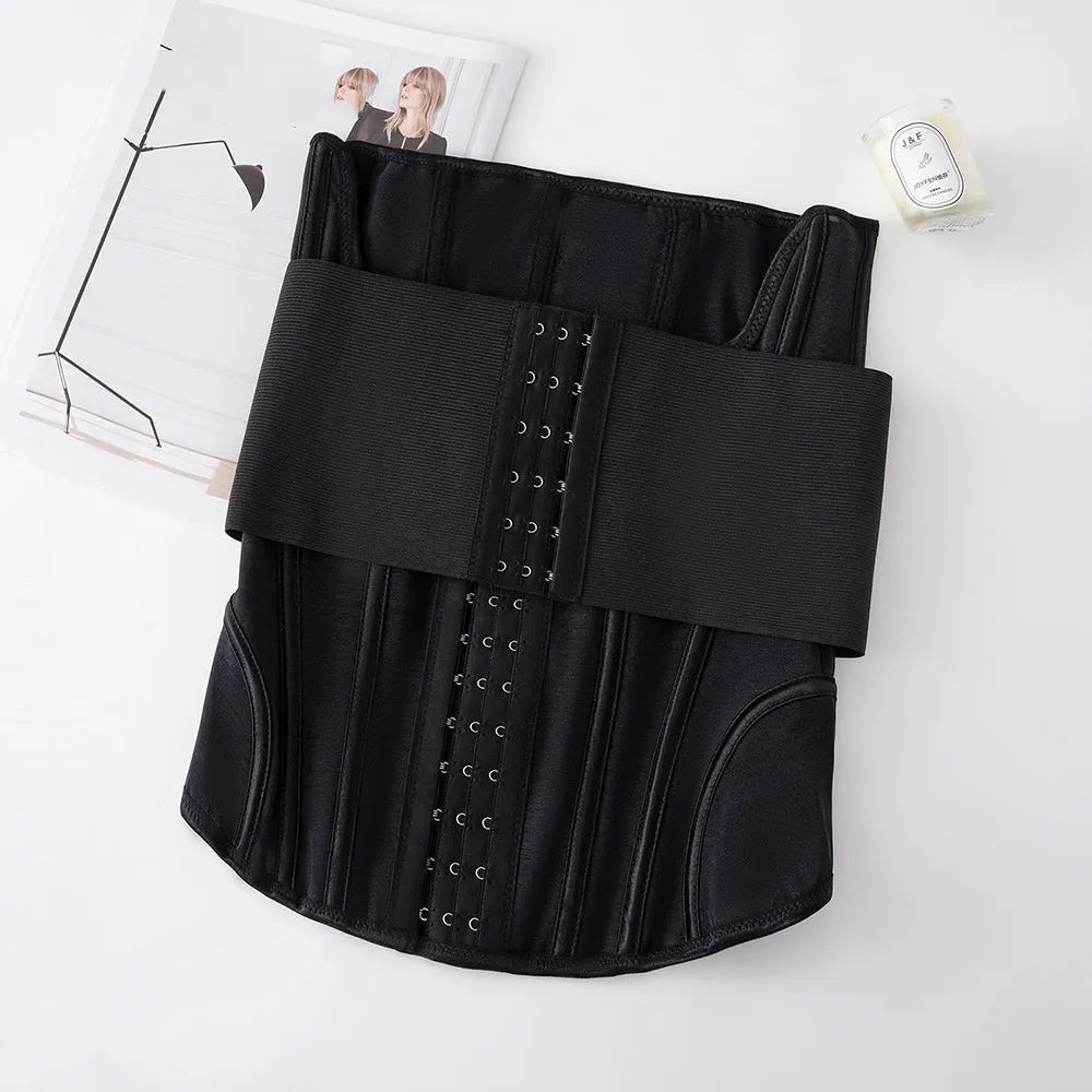 Nylon belly band waist trainer for tummy control and postpartum support, shown in black.