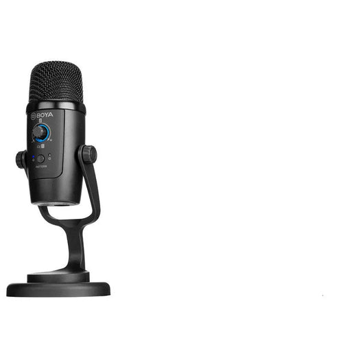 Black Boya BY-PM500 USB microphone with built-in sound card on a desk