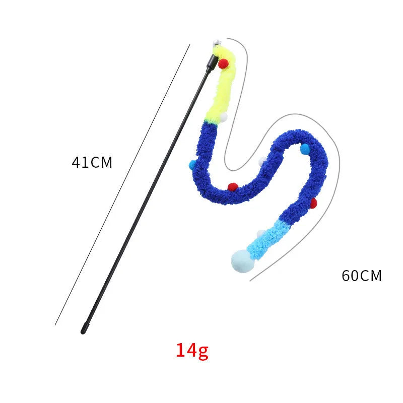 Interactive cat toy wand with colourful plush strip and bell attachment for indoor cat play