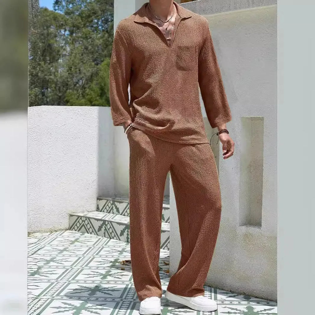 Men's casual shirt trousers suit in polyester, shown in lake blue, with shirt-style jacket and matching trousers.