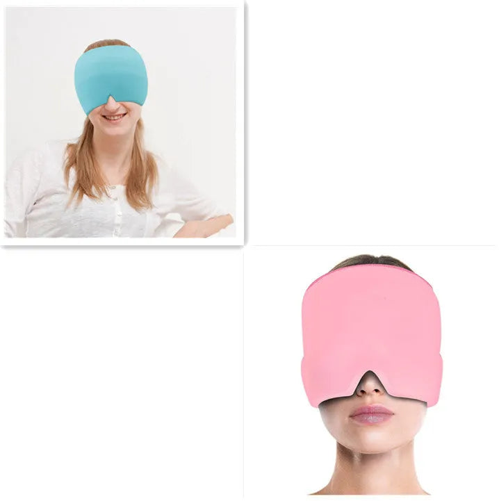Black elastic cloth cooling gel eye mask for headache relief showing adjustable fit