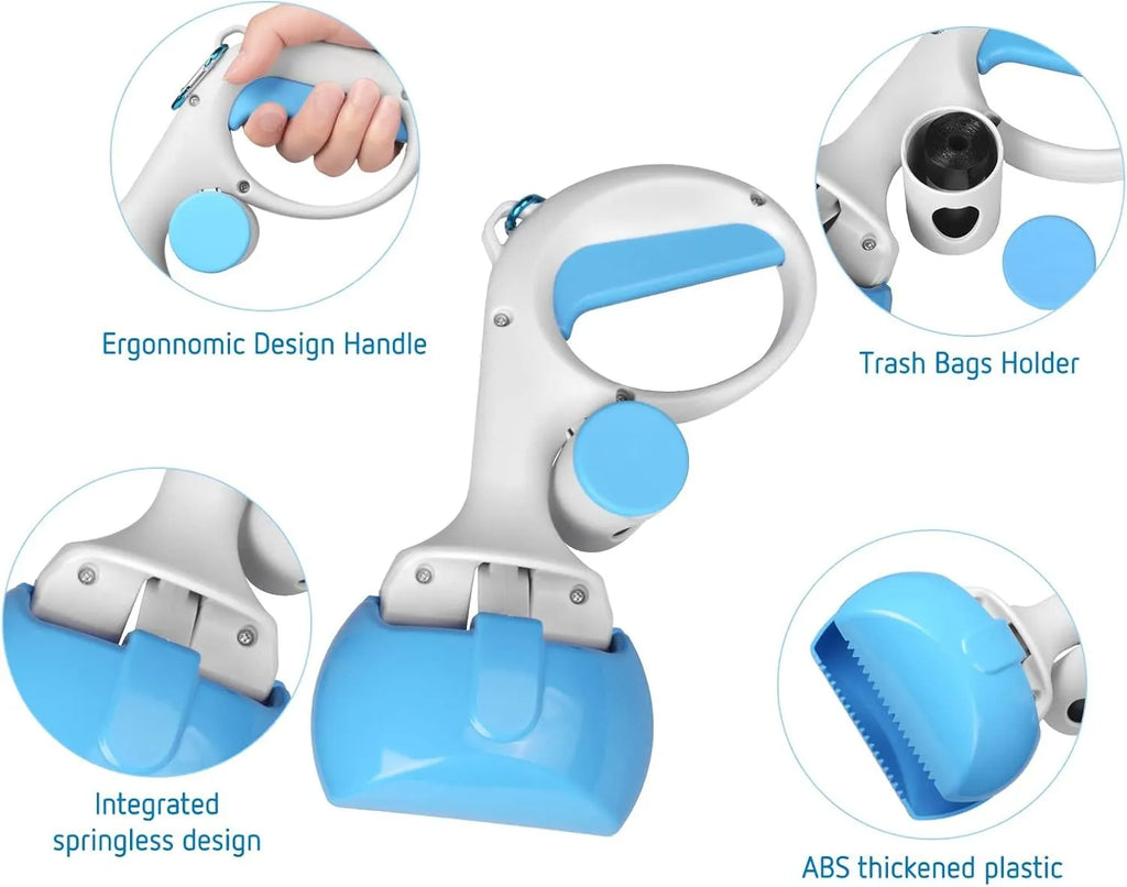 Black pet pooper scooper with built-in trash bag holder made of ABS plastic on a grass lawn.