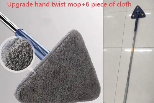 Blue and white extendable triangle cleaning mop with a rotating head on a long stainless steel pole.