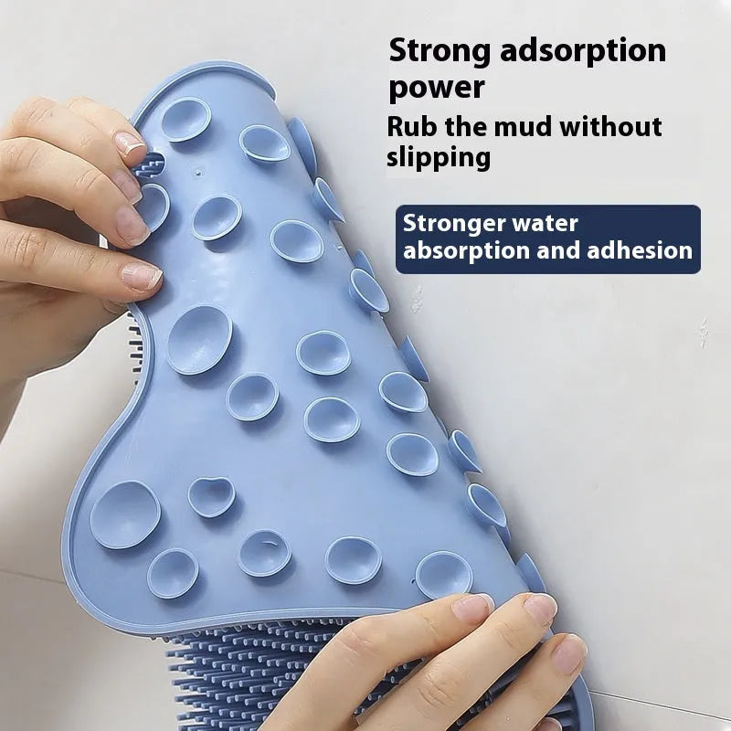 Silicone bath brush massage mat measuring 31cm by 32cm in blue, grey, and pink colour options