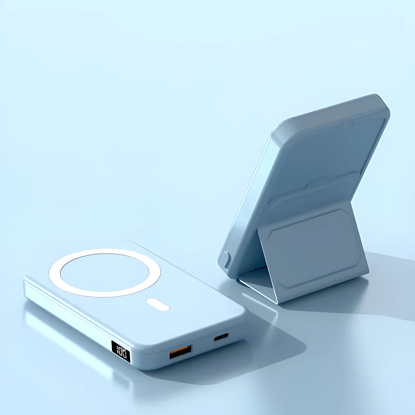 Magnetic wireless charging power bank with folding bracket showing capacity options and colour variations