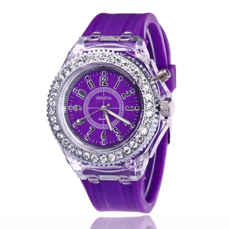 Women's LED luminous watch with round 43mm dial and silicone bracelet in multiple colour options