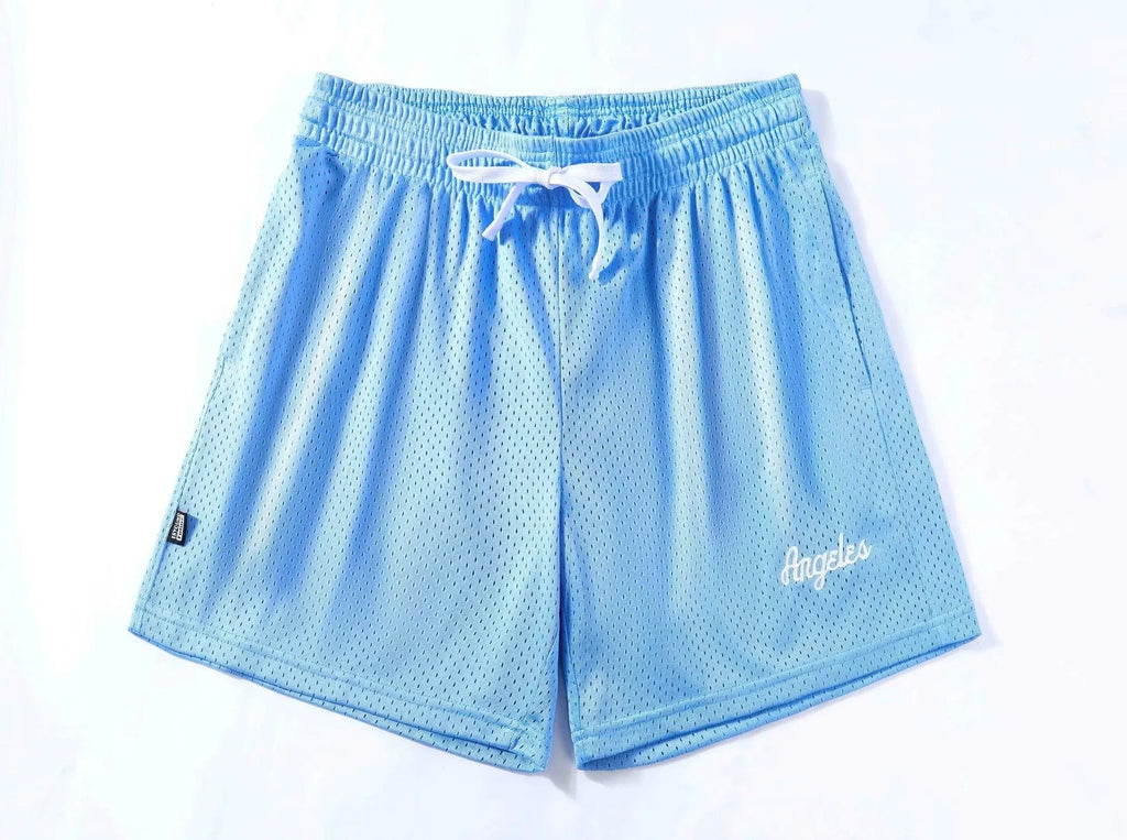 Men's black double-layer mesh sport shorts made from polyester fabric.