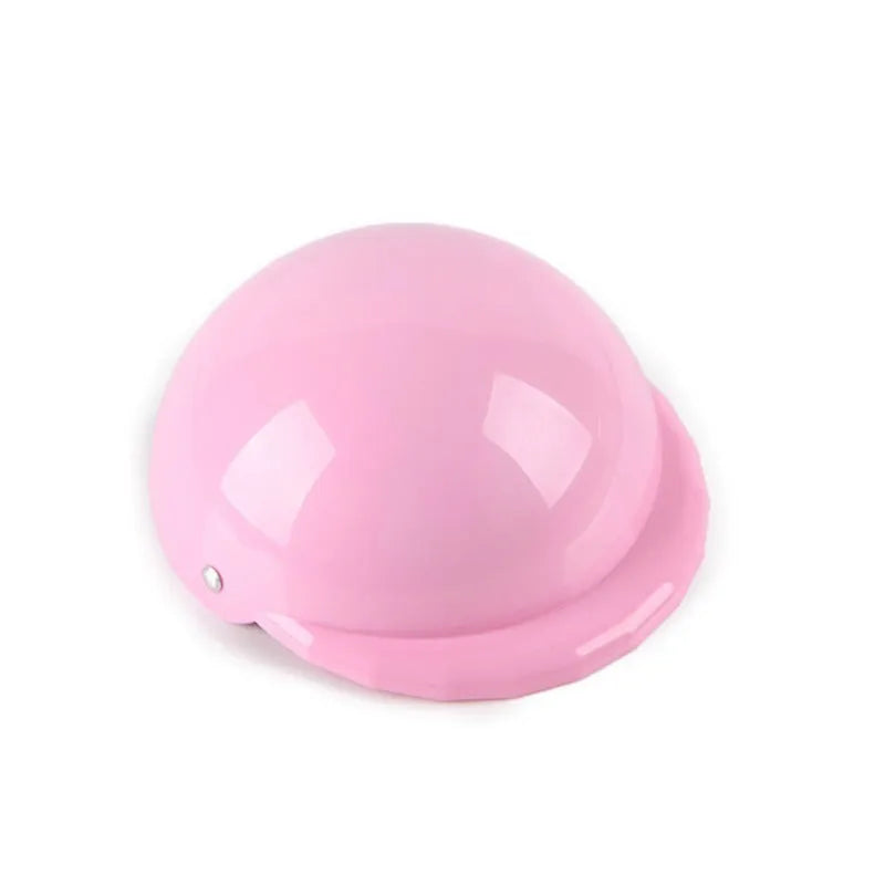 Plastic dog motorcycle cap helmet in a solid colour, shown in small, medium, and large sizes.