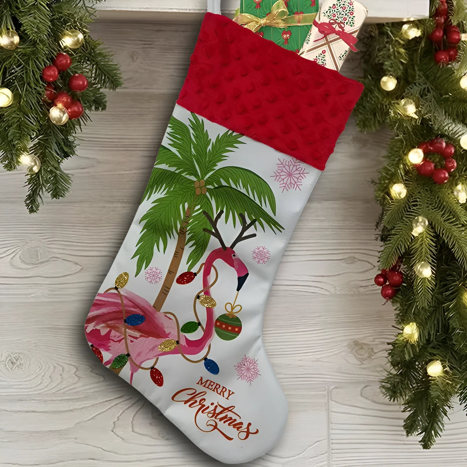 American style cloth Christmas stocking decoration measuring 46 by 28 centimetres