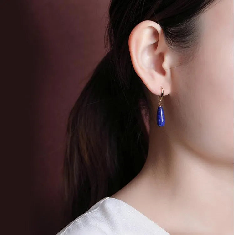 Gold-plated silver drop earrings with natural lapis lazuli stone in geometric water droplet shape