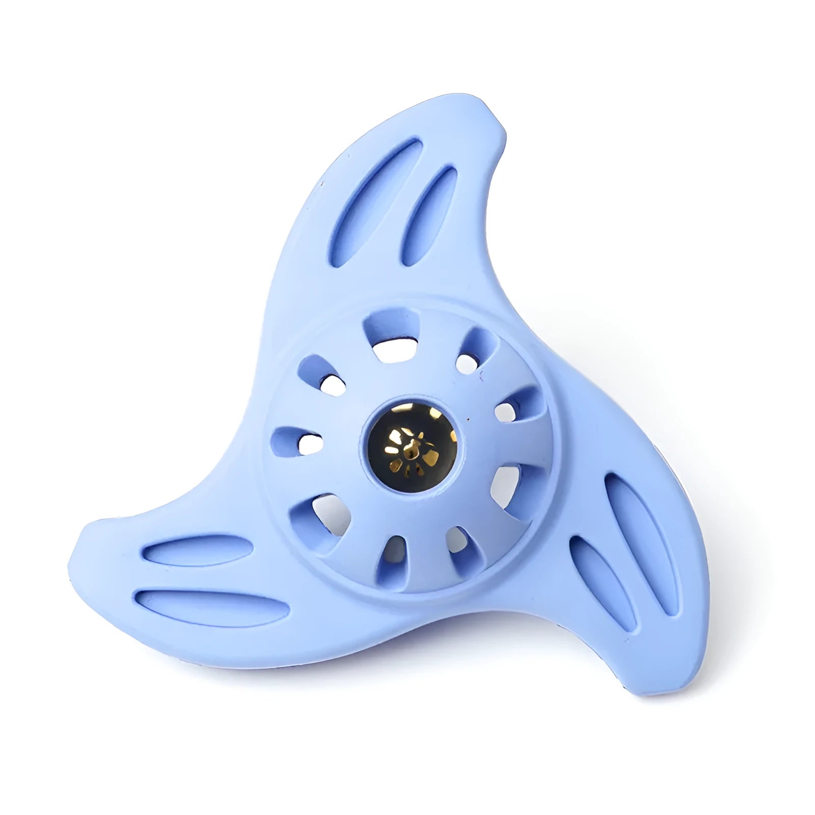Blue bite-resistant boomerang dog toy with molar edges for large breed puppies on a white background.