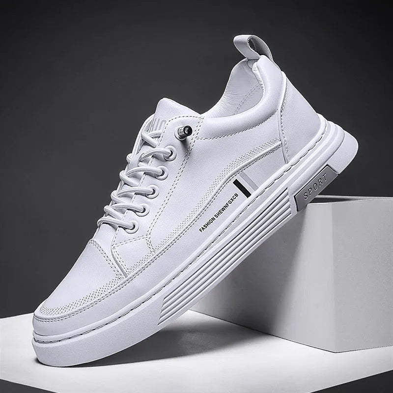 Men's black and white skateboard shoes with microfiber upper and elastic band closure