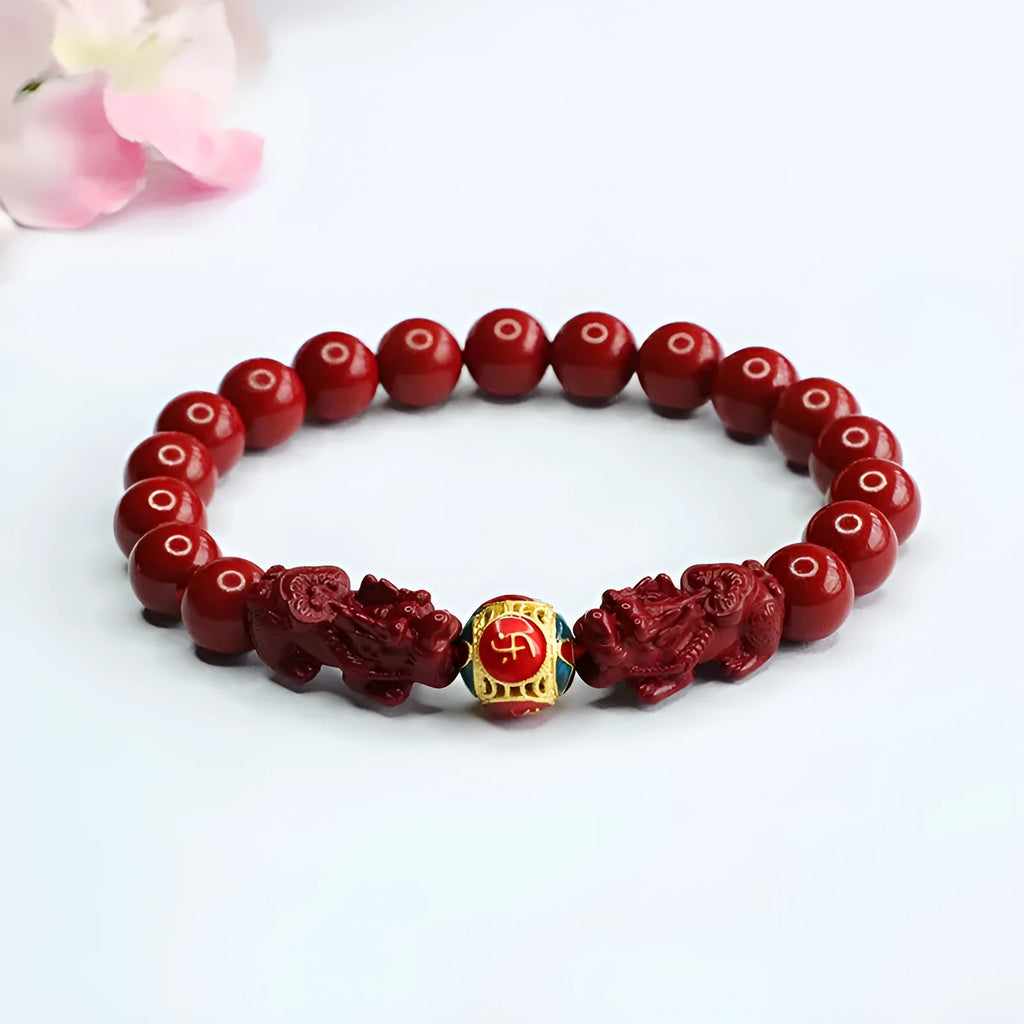 Close-up of a purple gold sand carved cinnabar women's bracelet with a double Pixiu design.