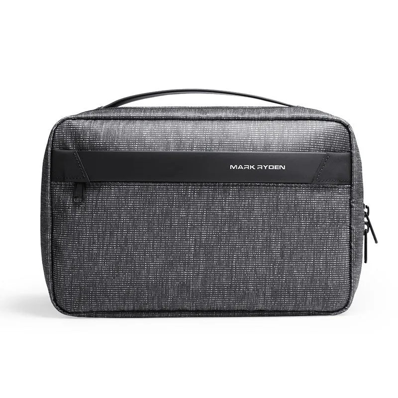 Black Oxford cloth toiletries bag with multiple compartments open, showing wet-dry separation design.