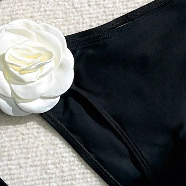 Black 3D flower bikini swimsuit with drawstring lace closure and backless design.