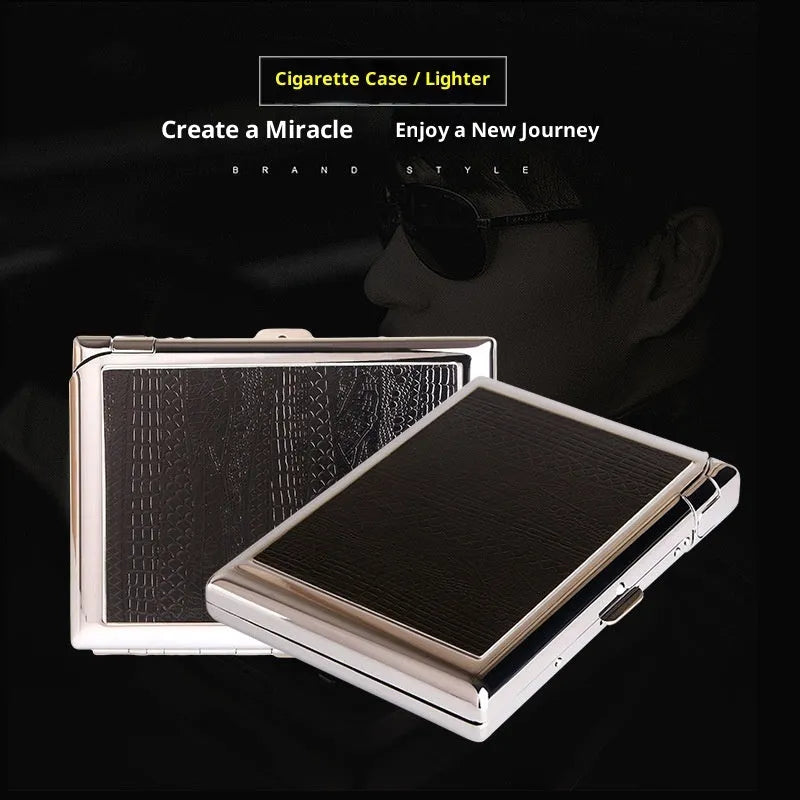 Leather cigarette case with windproof metal lighter, DH-8923 model, modern simplicity style