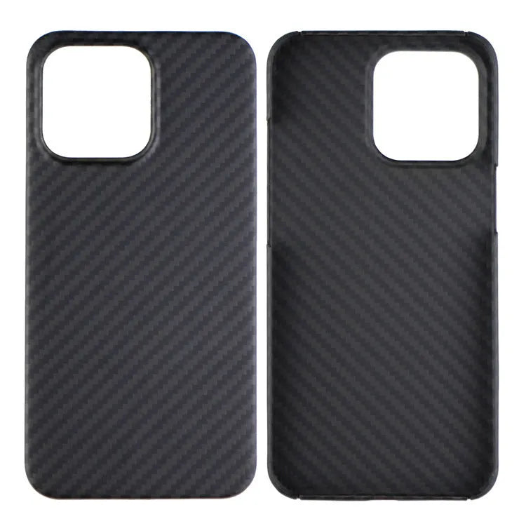 Dull black Kevlar fibre back cover case for Apple iPhone with MagSafe ring visible.