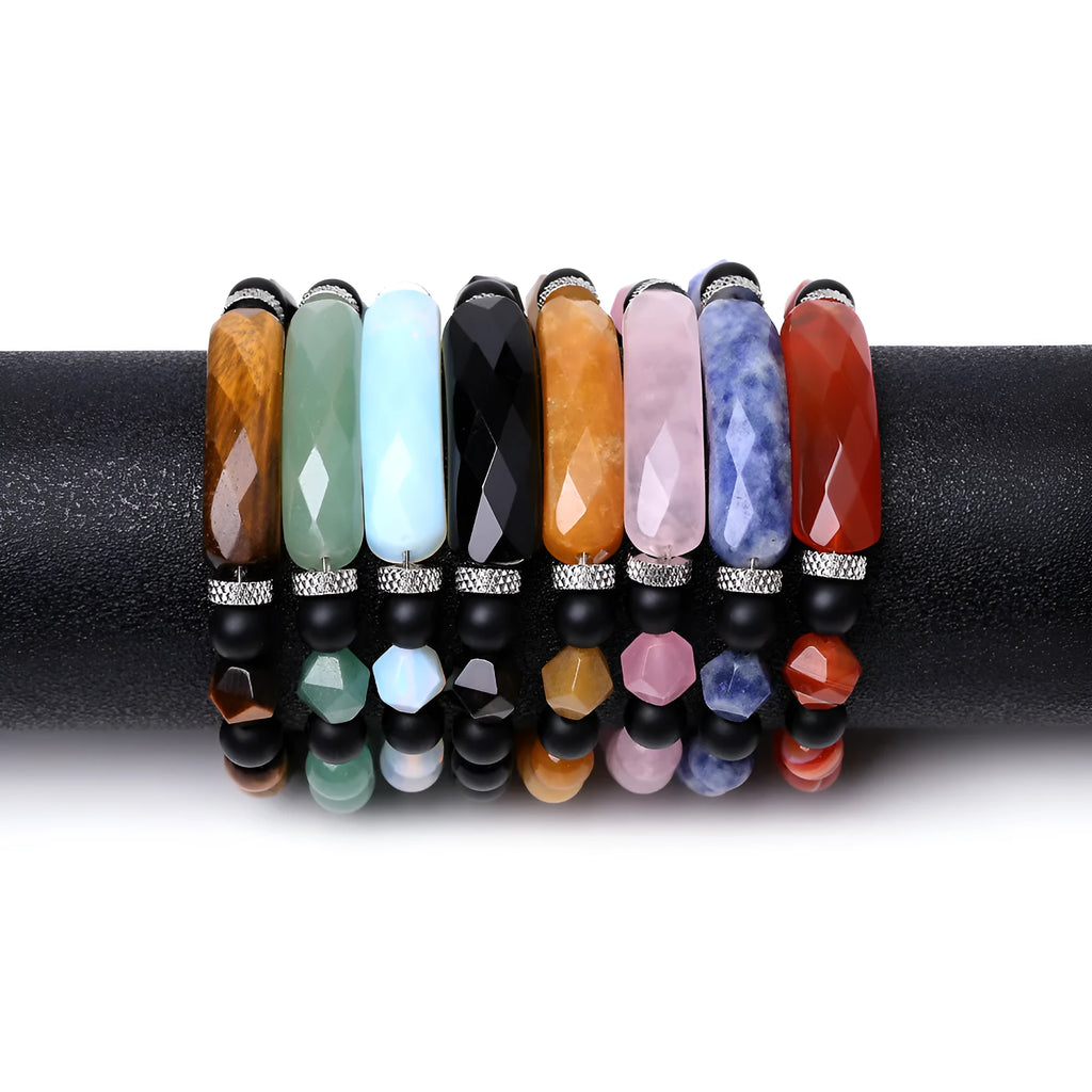 Handmade diamond-shaped cut agate bracelet with geometric pattern and fan-shaped elements