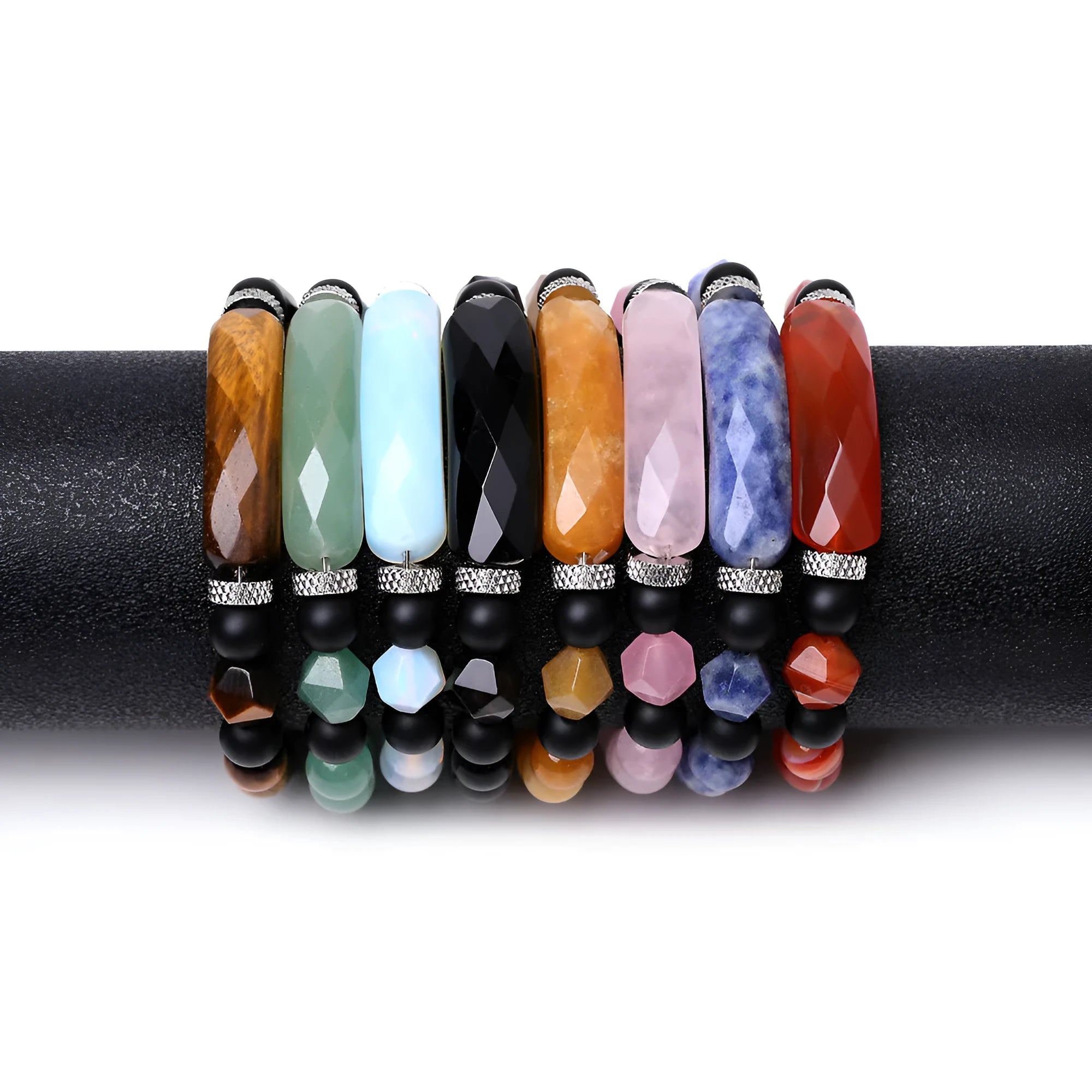 Handmade diamond-shaped cut agate bracelet with geometric pattern and fan-shaped elements