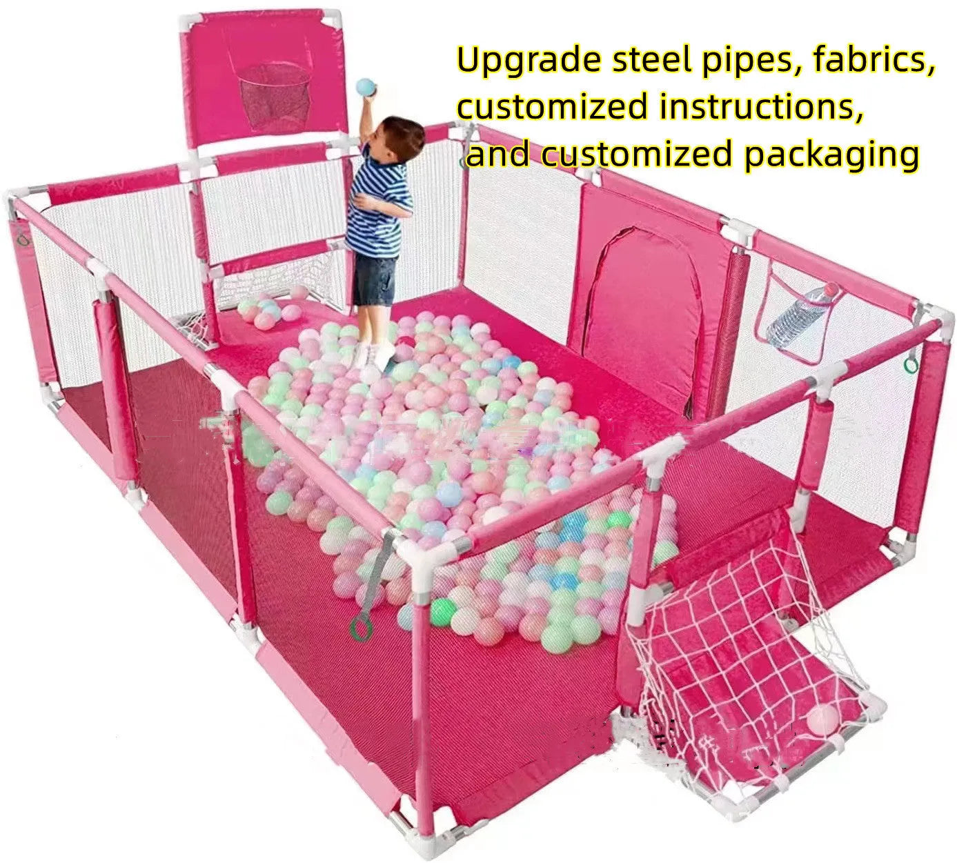 Large blue children's playpen tent with Oxford cloth walls and stainless steel frame in a nursery.