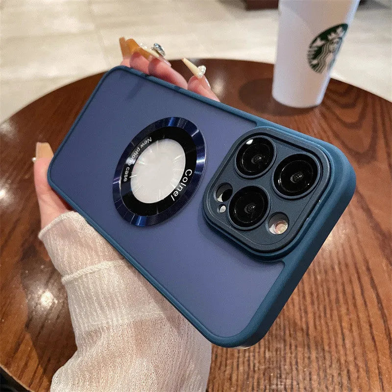 Frosted magnetic suction phone case for iPhone 15 models in blue, shown with magnetic mounting feature.