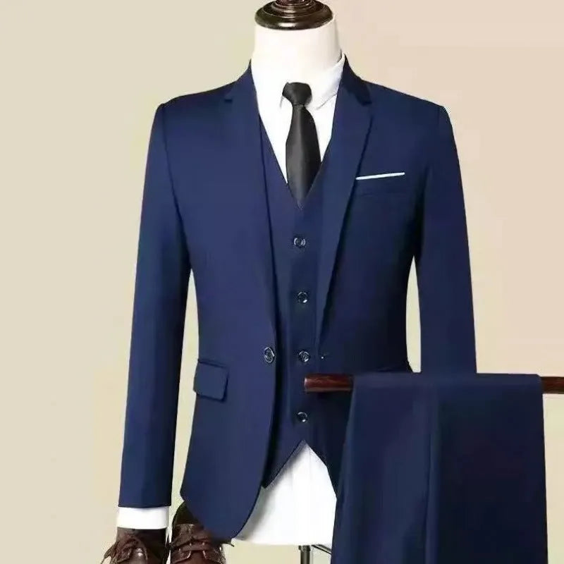 Men's Korean slim fit three-piece business suit set in black colour with tie