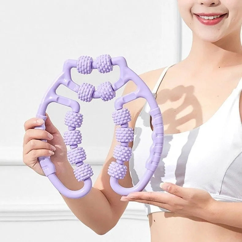 A handheld leg massage roller clip with multiple wheels, shown in a pink colour option.