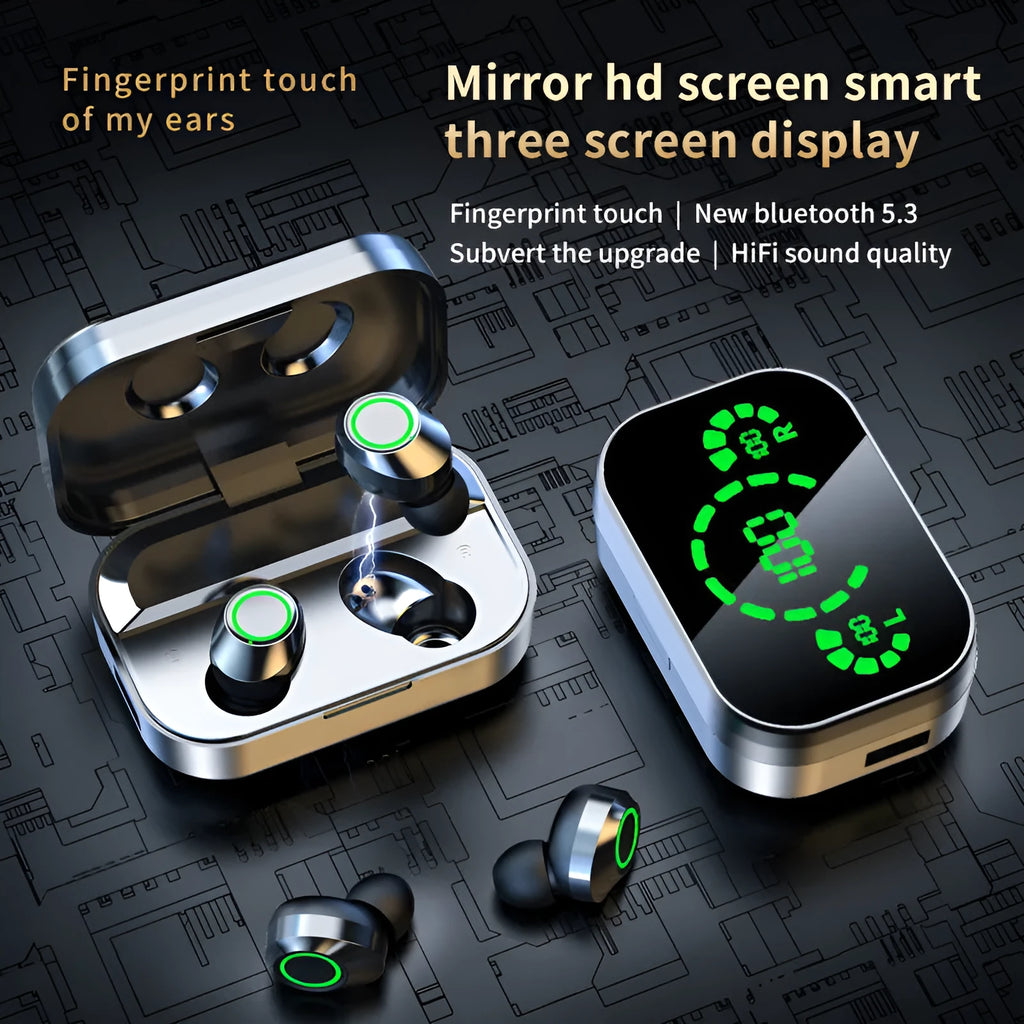 YD03 wireless TWS headset with smart digital display, breathing light, graphene diaphragm, and charging compartment