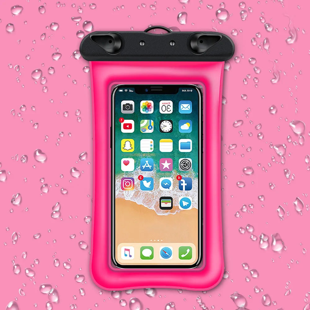 Clear double airbag waterproof phone pouch with orange lanyard on a blue background.