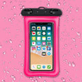 Clear double airbag waterproof phone pouch with orange lanyard on a blue background.